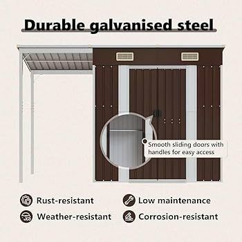 Garden Shed, Outdoor Storage Shed with Extended Roof, Tool Shed for Lawn Garage Yard, Metal Garden Storage Unit, Brown Steel