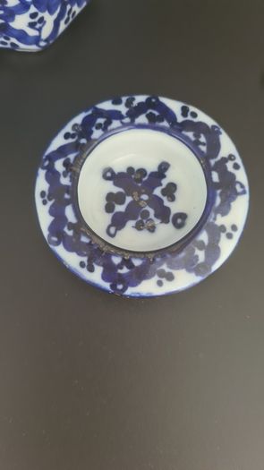 Teapot Blue White Hexagon Shape Brass Handle Floral