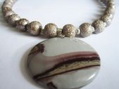 Beige Brown Cappuccino Natural Scenic Earth Picture Gemstone Pendant on a special effect beaded Handmade Necklace