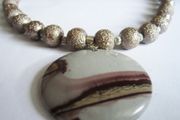 Beige Brown Cappuccino Natural Scenic Earth Picture Gemstone Pendant on a special effect beaded Handmade Necklace