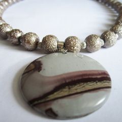 Beige Brown Cappuccino Natural Scenic Earth Picture Gemstone Pendant on a special effect beaded Handmade Necklace