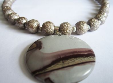 Beige Brown Cappuccino Natural Scenic Earth Picture Gemstone Pendant on a special effect beaded Handmade Necklace