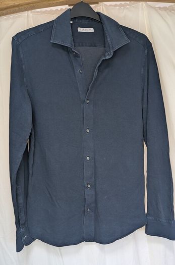 Luca Faloni Pique Shirt Blue Mens 16 41 Made In Italy Cotton Long Sleeve