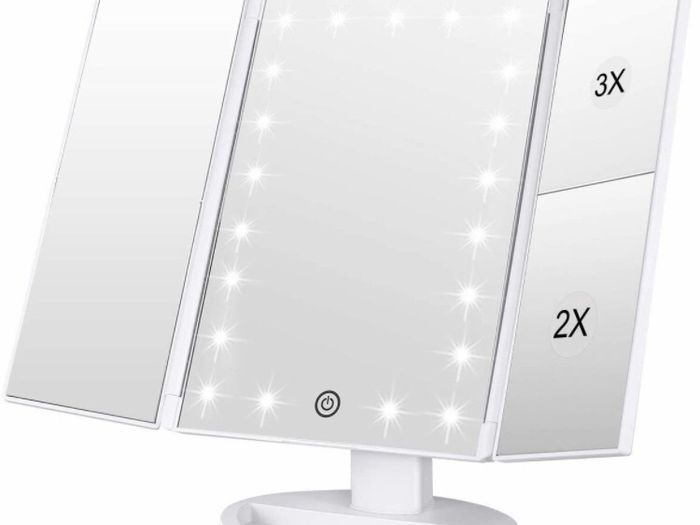 Vanity Makeup Mirror,1x/2x/3x Tri-Fold Makeup Mirror with 21 LED Lights and Adjustable Touch Screen