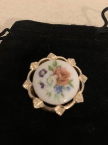 Vintage Gold plated German Porcelain Scarf Brooch 1960s