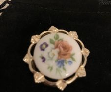 Vintage Gold plated German Porcelain Scarf Brooch 1960s