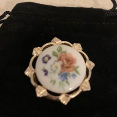 Vintage Gold plated German Porcelain Scarf Brooch 1960s
