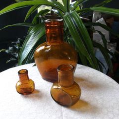 Set of 3 Antique Amber Glass Bottles - OXO 16oz & Bovril 2oz & 1/2oz. c.1900-1930. Excellent Antique Condition