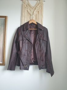 Burgundy Brown Leather Jacket Size Uk 14