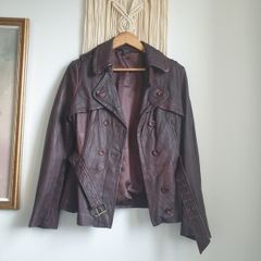 Burgundy Brown Leather Jacket Size Uk 14