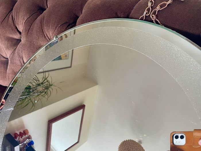 Vintage Frosted Rim Round Glass Wooden Backed Wall Mirror 1960s