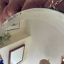 Vintage Frosted Rim Round Glass Wooden Backed Wall Mirror 1960s Image 7