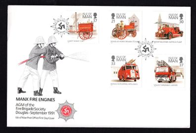 1991 Isle of Man Fire Engines Commemorative Stamps Addressed First Day Cover (FDC).