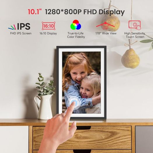 WiFi Digital Photo Frame 1280x800 HD IPS Touchscreen, 32GB Storage, Auto-Rotate, Wall-Mountable for Sharing Photos & Videos