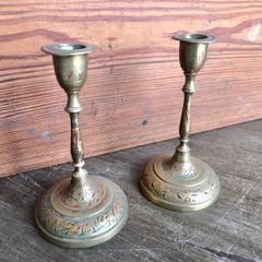 Vintage Pair Indian Brass Candlesticks