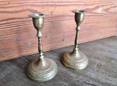 Vintage Pair Indian Brass Candlesticks