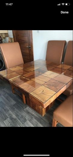 Dining tables with 4 chairs. Glass panel for top table