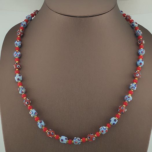 Antique Venetian Style Blue Skunk Eyes & Red Venetian WhiteHeart Glass Beads Necklace