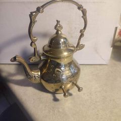 Antique Engraved Victorian Brass Hot Water Tea Kettle RARE EUC