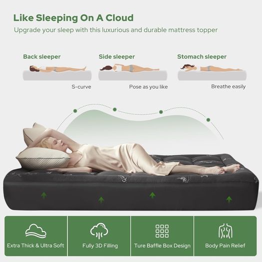 Mattress Topper Double Bed, Soft Quilted Pad for Back Pain Relief, Thick Mattress Topper with Deep Elasticated Pocket (Grey)