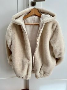 Girls faux fur jacket hooded coat ecru size 10/11 yo
