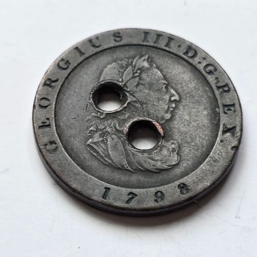 Antique 1798 Isle of Man Cartwheel Halfpenny Coin Button - King George III Manx Folk Art / Trench Art