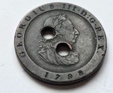 Antique 1798 Isle of Man Cartwheel Halfpenny Coin Button - King George III Manx Folk Art / Trench Art