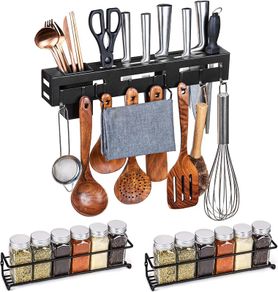Utensil Holder with 2 Piece Spice Rack Kitchen Storage & Organisation Spice Rack for inside Cupboard Kitchen Utensils Holder with 8 Hooks Spice Rack Wall Mounted Knife Holder Organiser