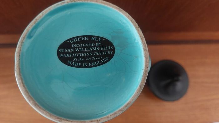Fabulous Rare and Highly Prized Portmeirion Greek Key Tall Cylinder Coffee Pot in the Very Rare Turquoise and Black Colourway from 1967 - A Mid-Century Modern Design Classic in Mint Condition