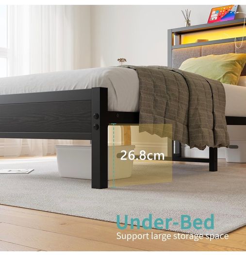 3FT Single Bed Frame with Storage Headboard, Black Metal Single Bed with Upholstered Headboard, LED Lights and Charging Station, Heavy Duty Metal Slats Support,Easy Assembly