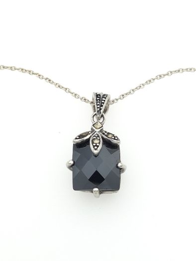 Vintage 925 Sterling Silver, Marcasite & Black Spinel Gothic Necklace