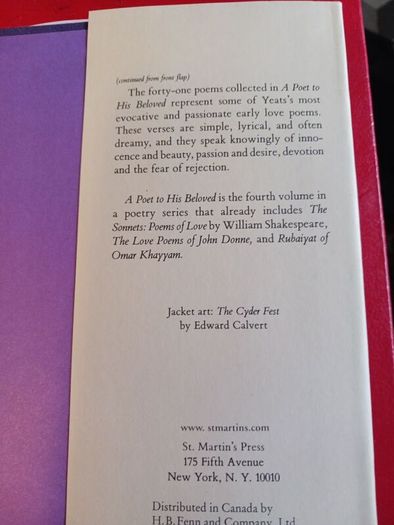 W.B.Yeats / A Poet to his Beloved/ The Early Love Poems/ 1985