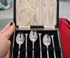 Rare Antique Cased Set of 6 Solid Sterling Silver Coffee Spoons. British Hallmarks Multi-Assay Set which Includes Closed Chester and Glasgow Marks