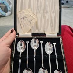 Rare Antique Cased Set of 6 Solid Sterling Silver Coffee Spoons. British Hallmarks Multi-Assay Set which Includes Closed Chester and Glasgow Marks