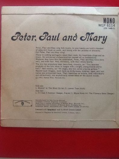 Vintage Vinyl  45EP  Peter, Paul & Mary - Blowing In the Wind - Rare picture cover
