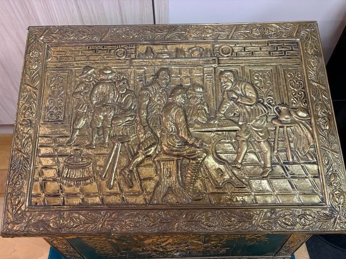 Vintage antique embossed brass fireside log box, coal box