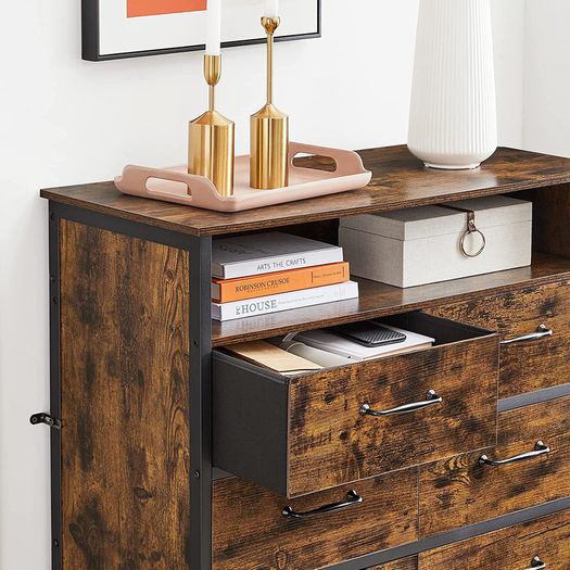 _Chest of Drawers, Sideboard, Cabinet with 8 Drawers, Open Compartment, Non-Woven Fabric Drawers with MDF Front, Steel Frame, Vintage Brown/Black