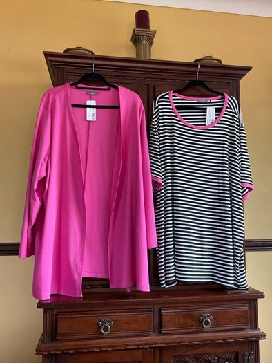 NEW  FURTHER REDUCED from SAMOON a pink casual cardigan with side slits and a matching black and white top with pink trim . Length of both items is 33 inches