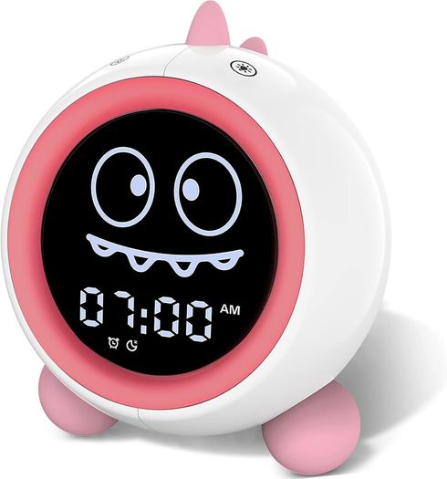 H-chin Kids Alarm Clock, Sleep Trainer for Children with Night Light, Sound Machine, Alarm Clock with Wake-Up Time for Toddlers (Pink)
