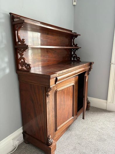 mid-19th-century Victorian mahogany chiffonier sideboard featuring