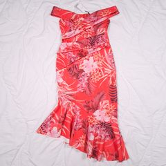 Lipsy Orange Tropical Floral Off-the-Shoulder Bardot Midi Dress 10UK/38EU