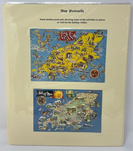 24 Beautifully written up Isle of Man display pages with lots of postcards and stamps. Maps, IOM TT and Manx cat noted