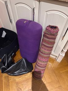Yoga mat, bolster and Pilates balll all together