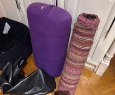 Yoga mat, bolster and Pilates balll all together