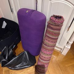 Yoga mat, bolster and Pilates balll all together