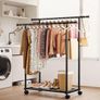 Double Rod Clothes Rack with Fixed Extension Rod & Universal Wheels, Clothing Rail with Built-In Shelf for Closet Organizers and Storage, 98cm x 42cm x 150cm, Black Image 4