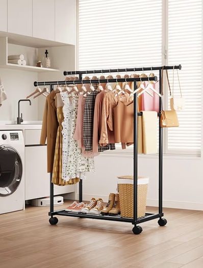 Double Rod Clothes Rack with Fixed Extension Rod & Universal Wheels, Clothing Rail with Built-In Shelf for Closet Organizers and Storage, 98cm x 42cm x 150cm, Black