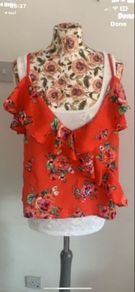top red floral cold shoulder style frilled camisole size 14