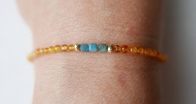925 Sterling Silver Beaded Bracelet with Orange and Blue Stones