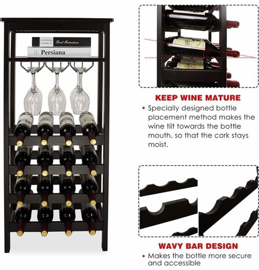 Wine Rack with Glass Holder & Table Top, 16 Bottles Storage, Floor Free Standing Bamboo Display Shelves for Home, Kitchen, Pantry, Cellar, Bar (MULTIPLE COLOURS)